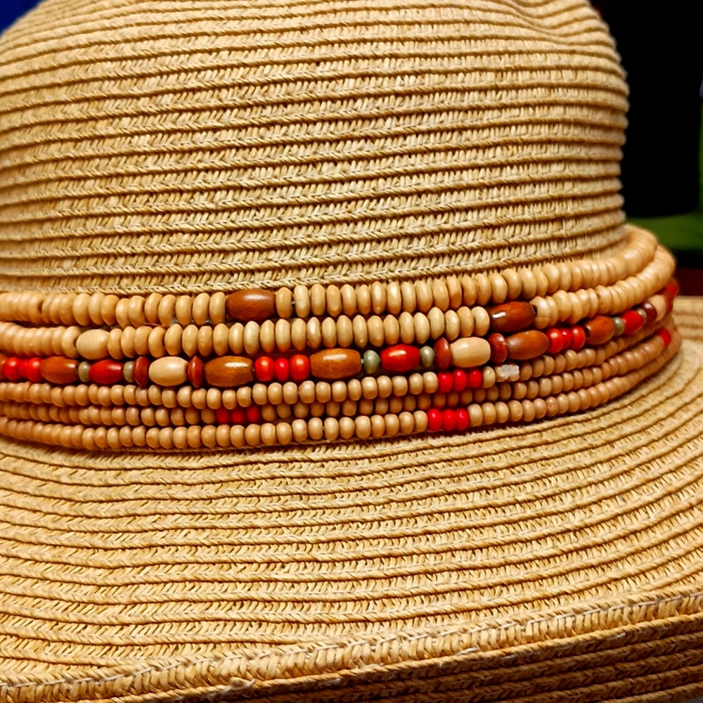 Designer Sun N Sand straw Hat w bead sequin band 1 size $34+free scarf or Hat. - Picture 2 of 16